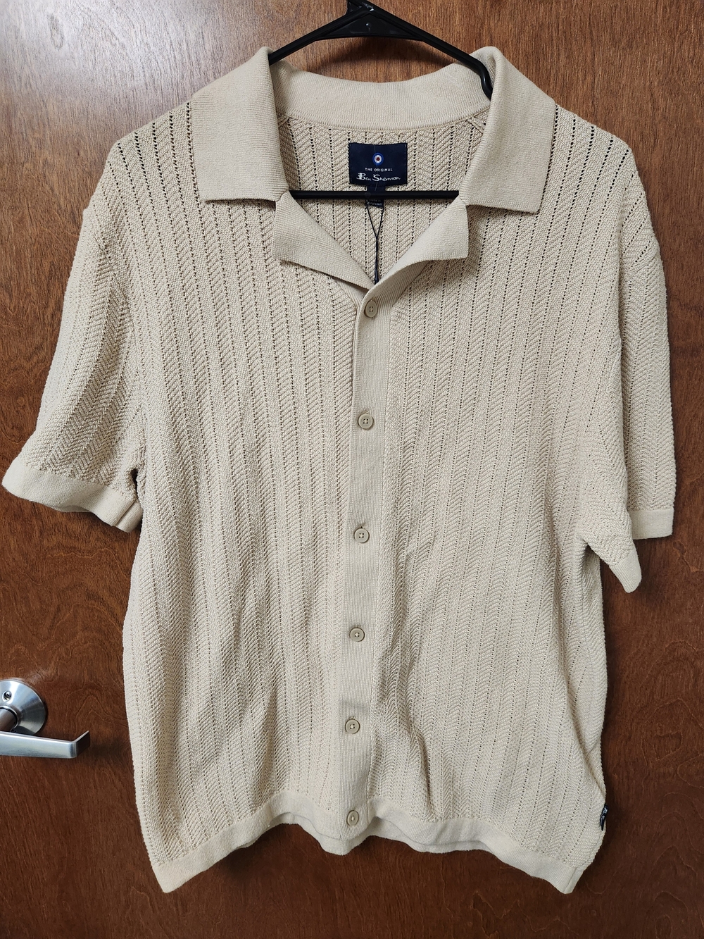 Ben Sherman Beige Knit Short Sleeve Button-Up Camp Shirt